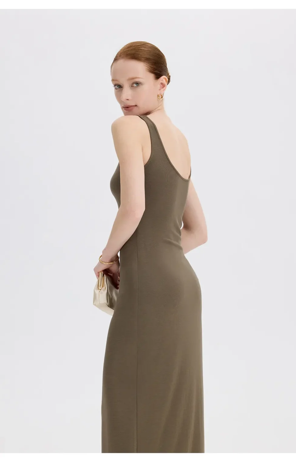 ousph dusty olive u-neck sleeveless maxi dress side view