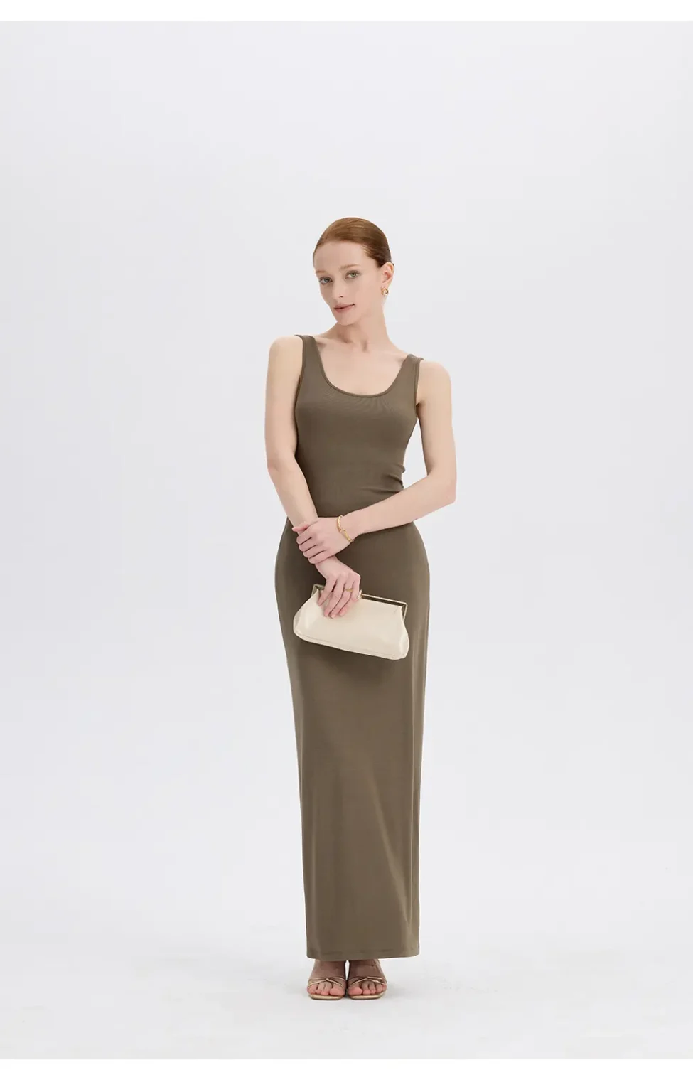 ousph dusty olive u-neck sleeveless maxi dress front view