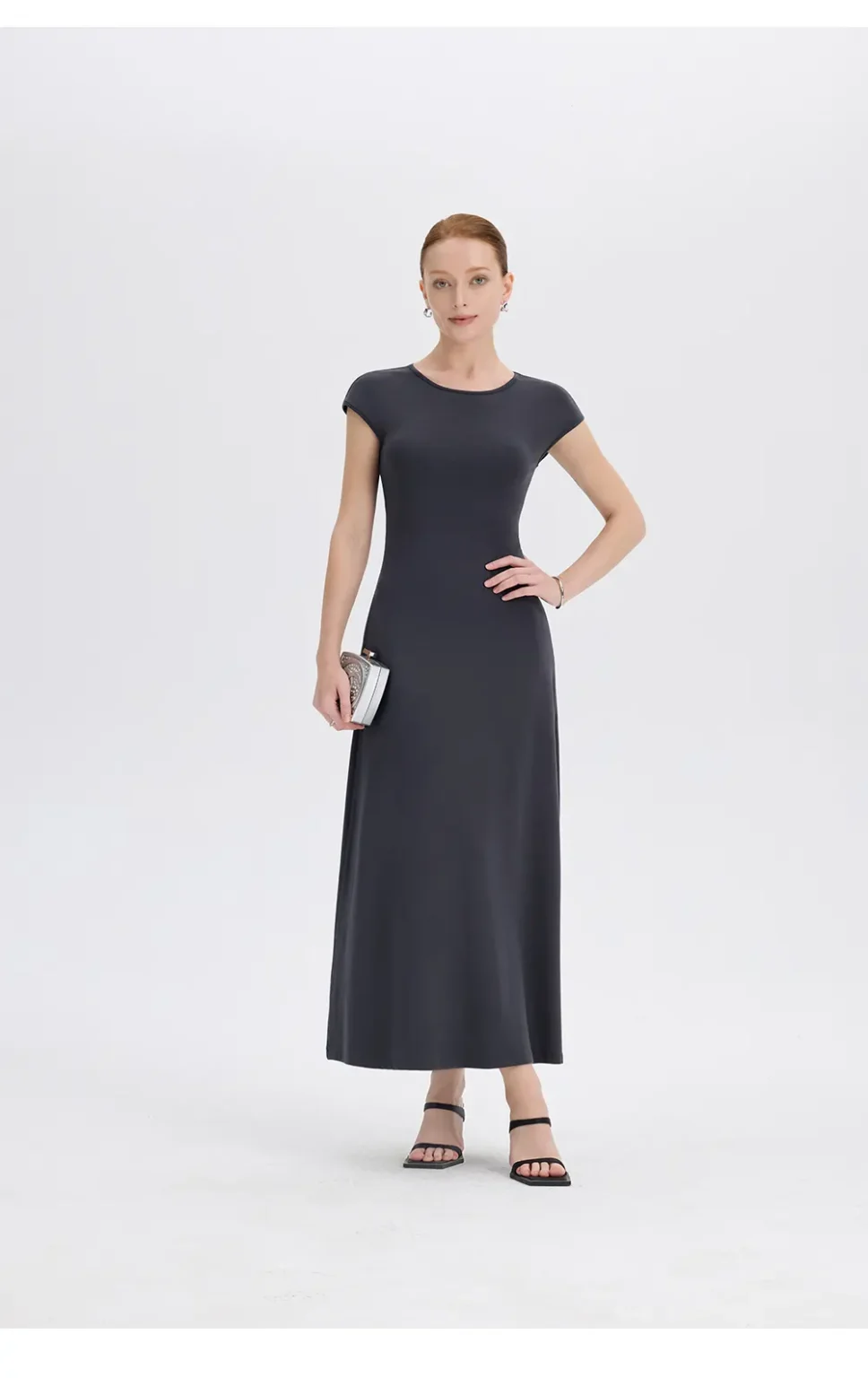 ousph dark grey cap sleeve crew neck waisted maxi dress front view