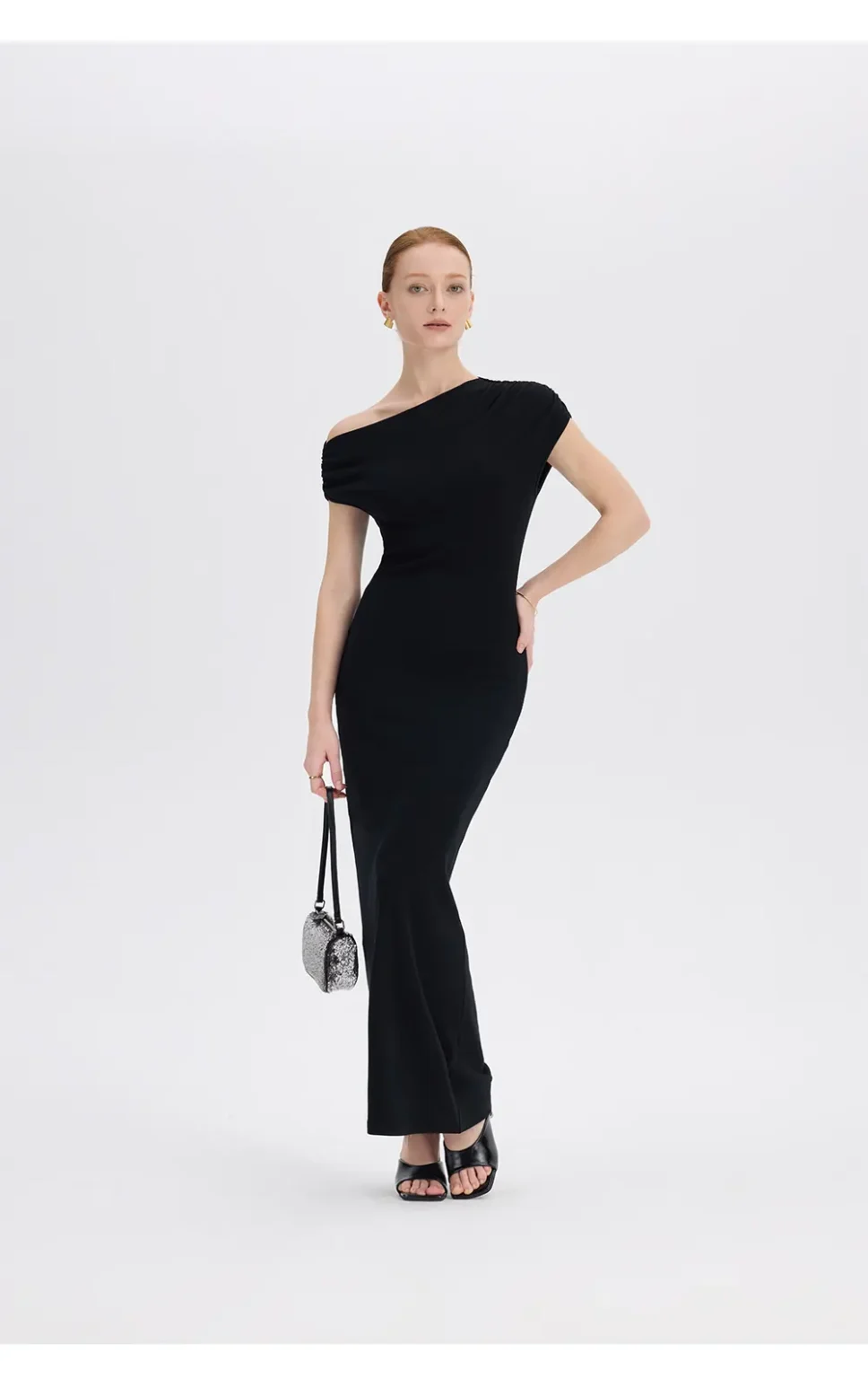 ousph black asymmetrical off-the-shoulder maxi dress front view