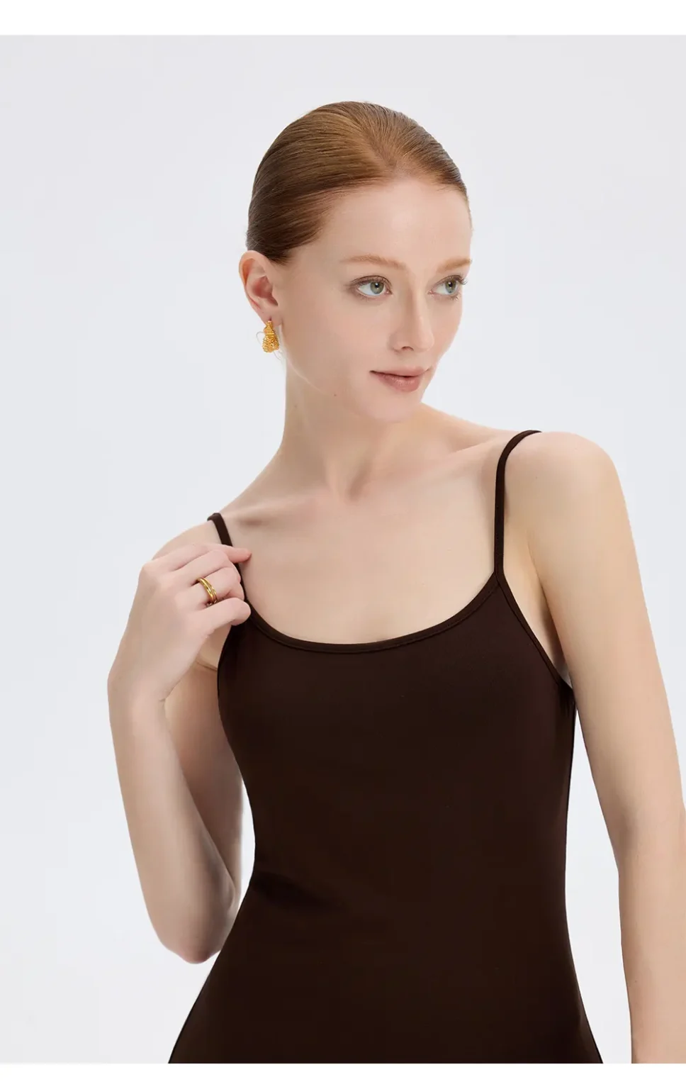 ousph dark brown spaghetti strap scoop neck maxi dress front view