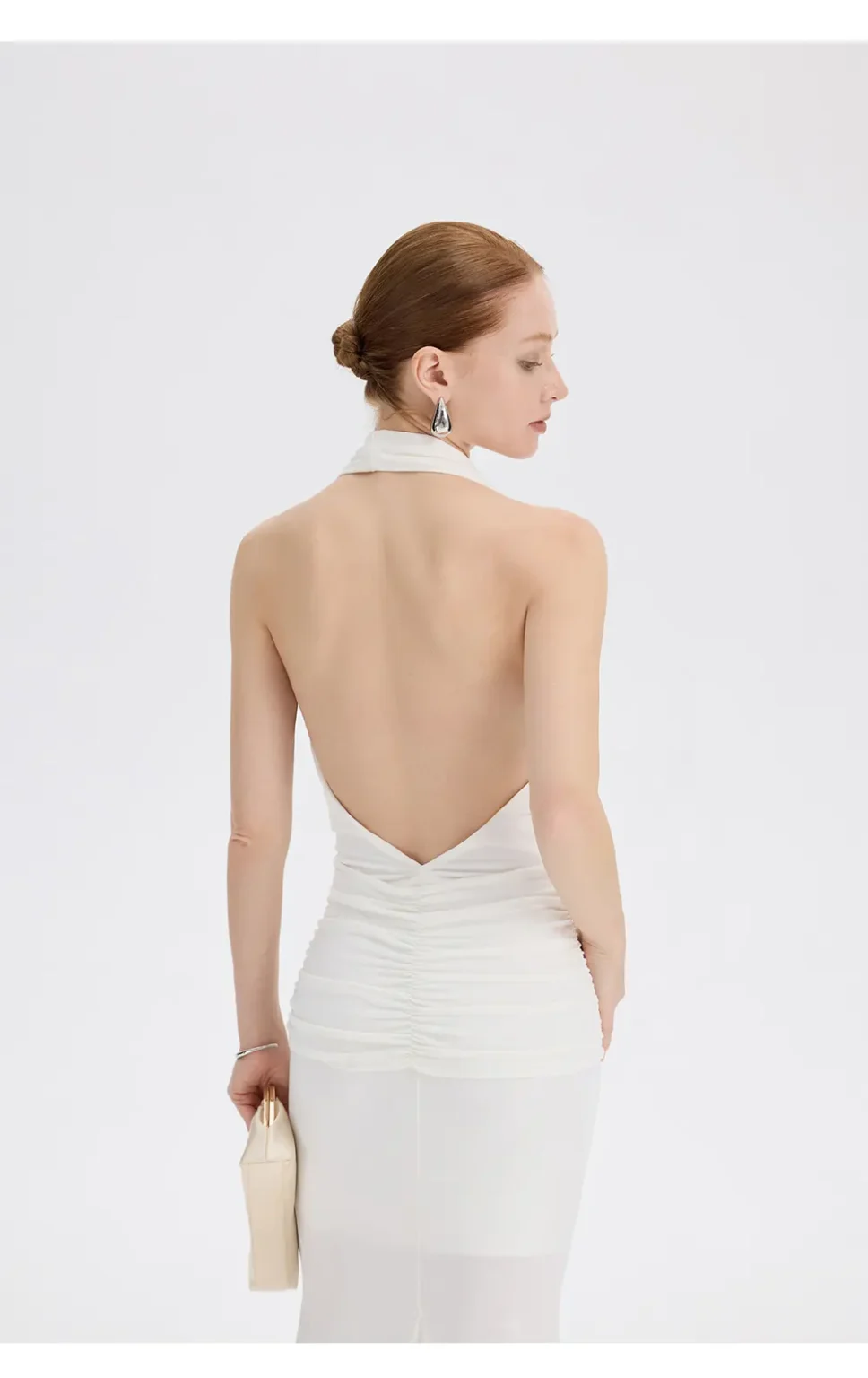ousph white cowl neck halter mermaid maxi dress back view