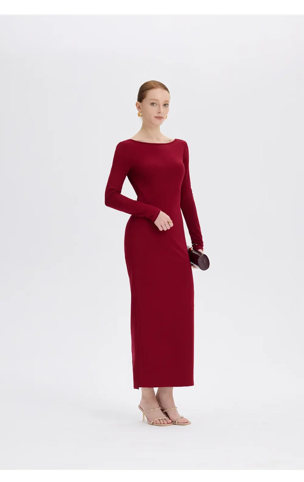 ousph burgundy long sleeve boat neck backless maxi dress side view