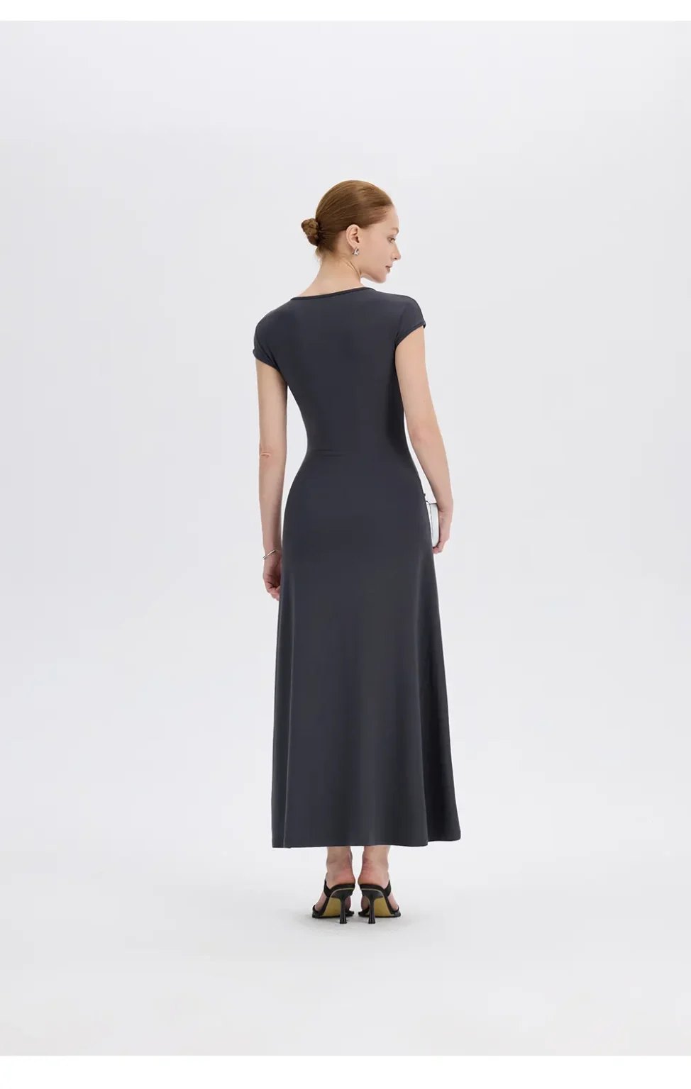 ousph dark grey cap sleeve crew neck maxi dress back view