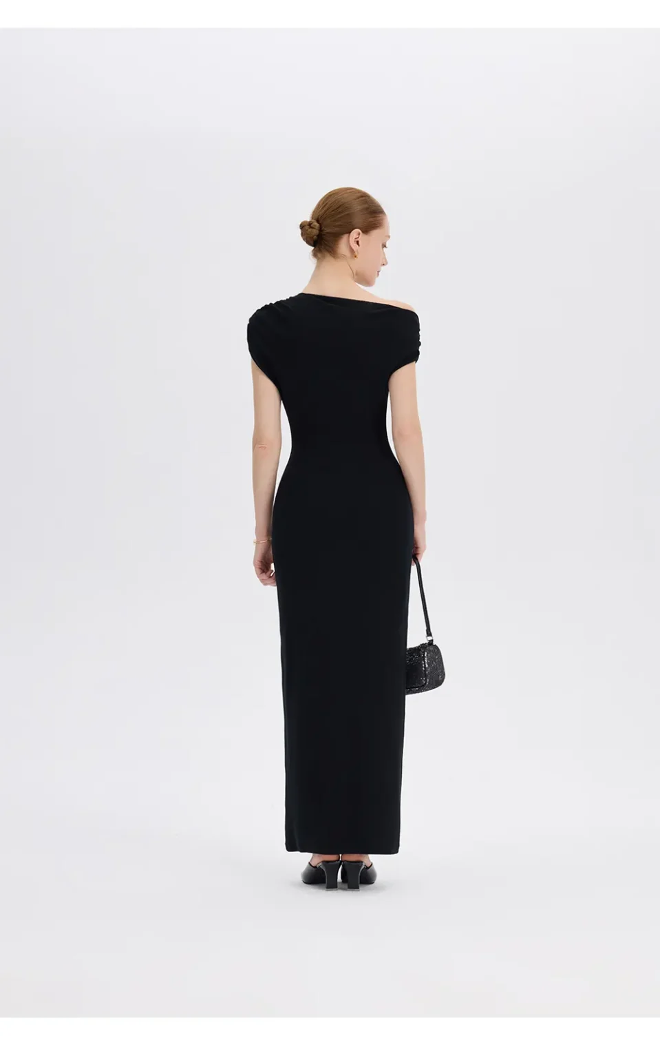 ousph black asymmetrical off-the-shoulder maxi dress back view