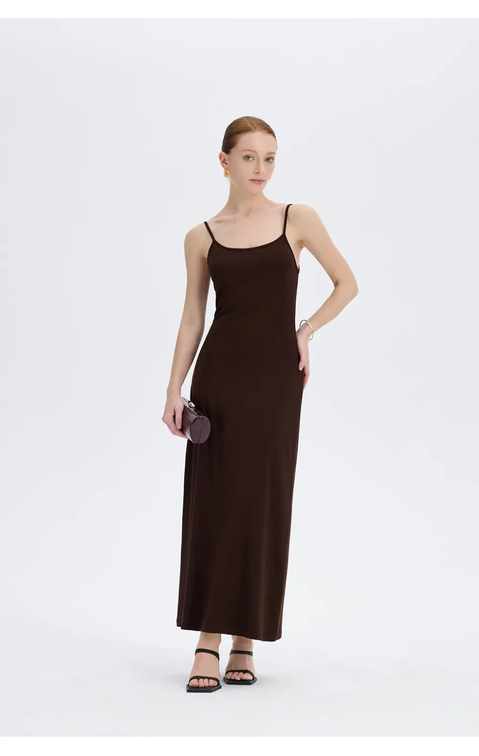 ousph dark brown spaghetti strap scoop neck maxi dress back view