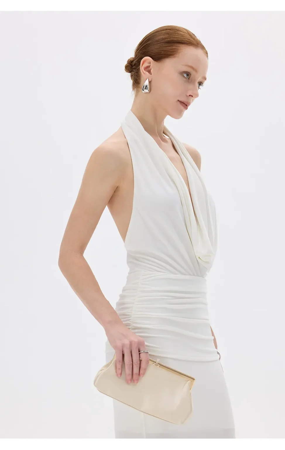 ousph white cowl neck halter maxi dress side view detail