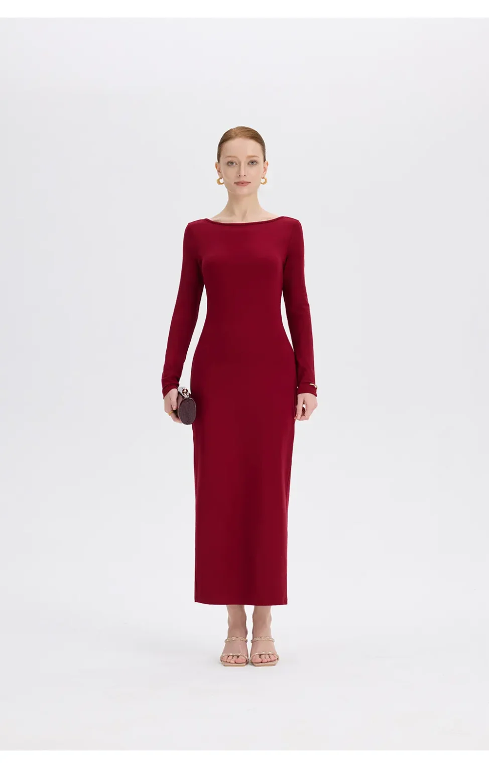 ousph burgundy long sleeve boat neck maxi dress front view