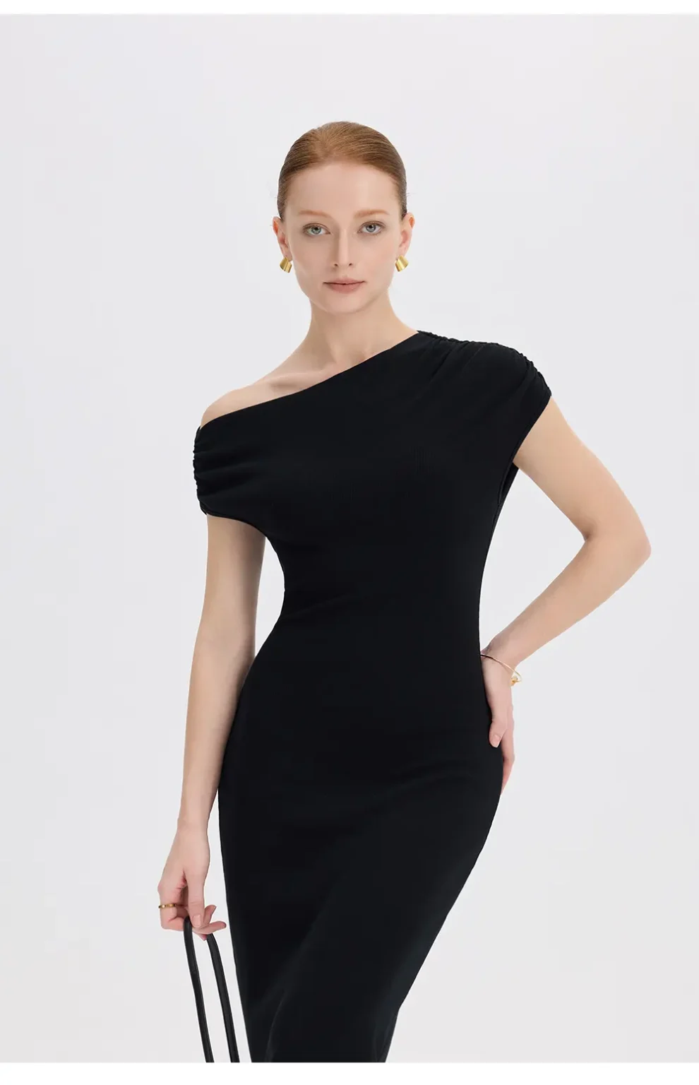 ousph black asymmetrical off-the-shoulder maxi dress side view