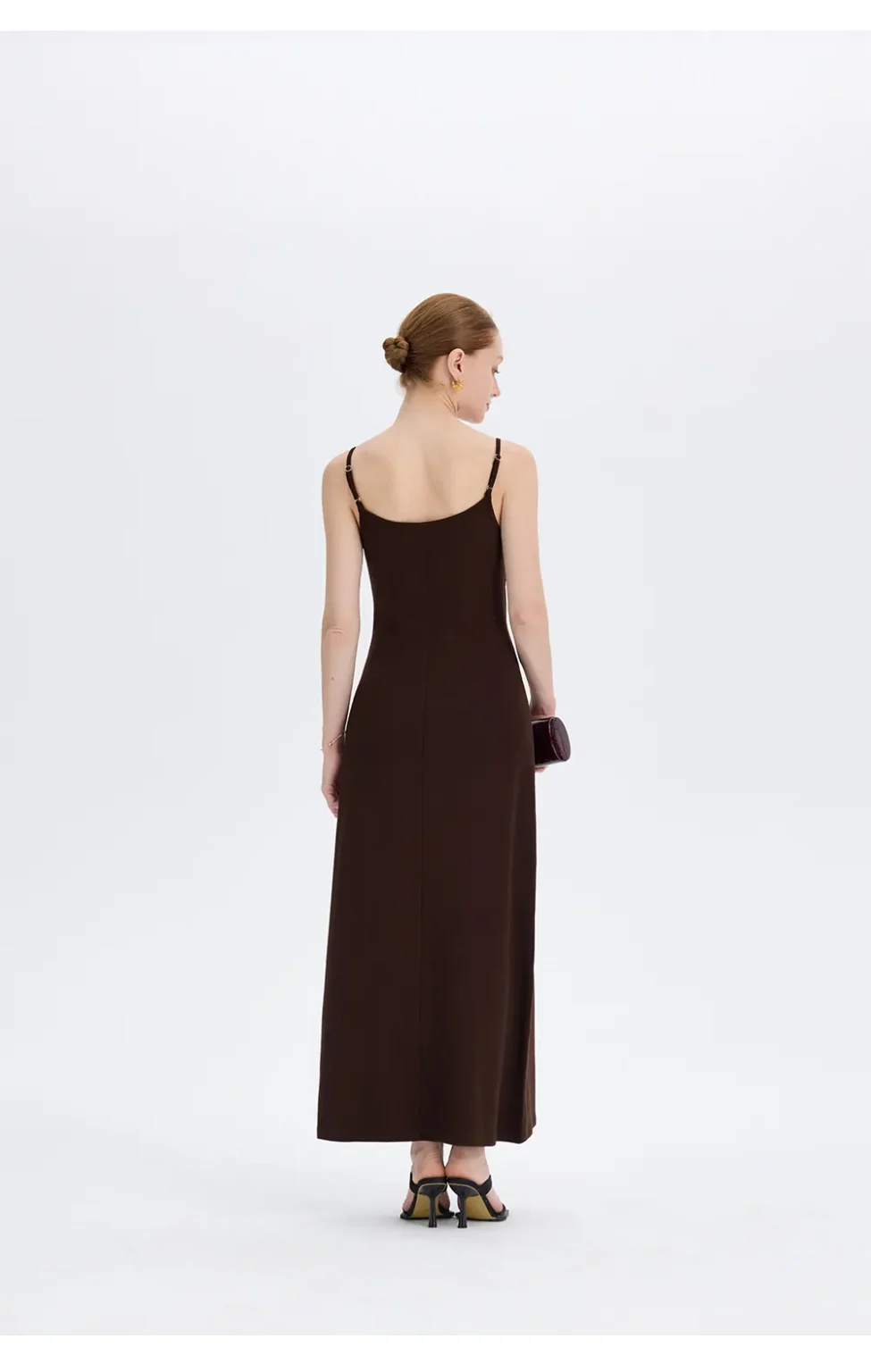 ousph dark brown spaghetti strap scoop neck maxi dress side view