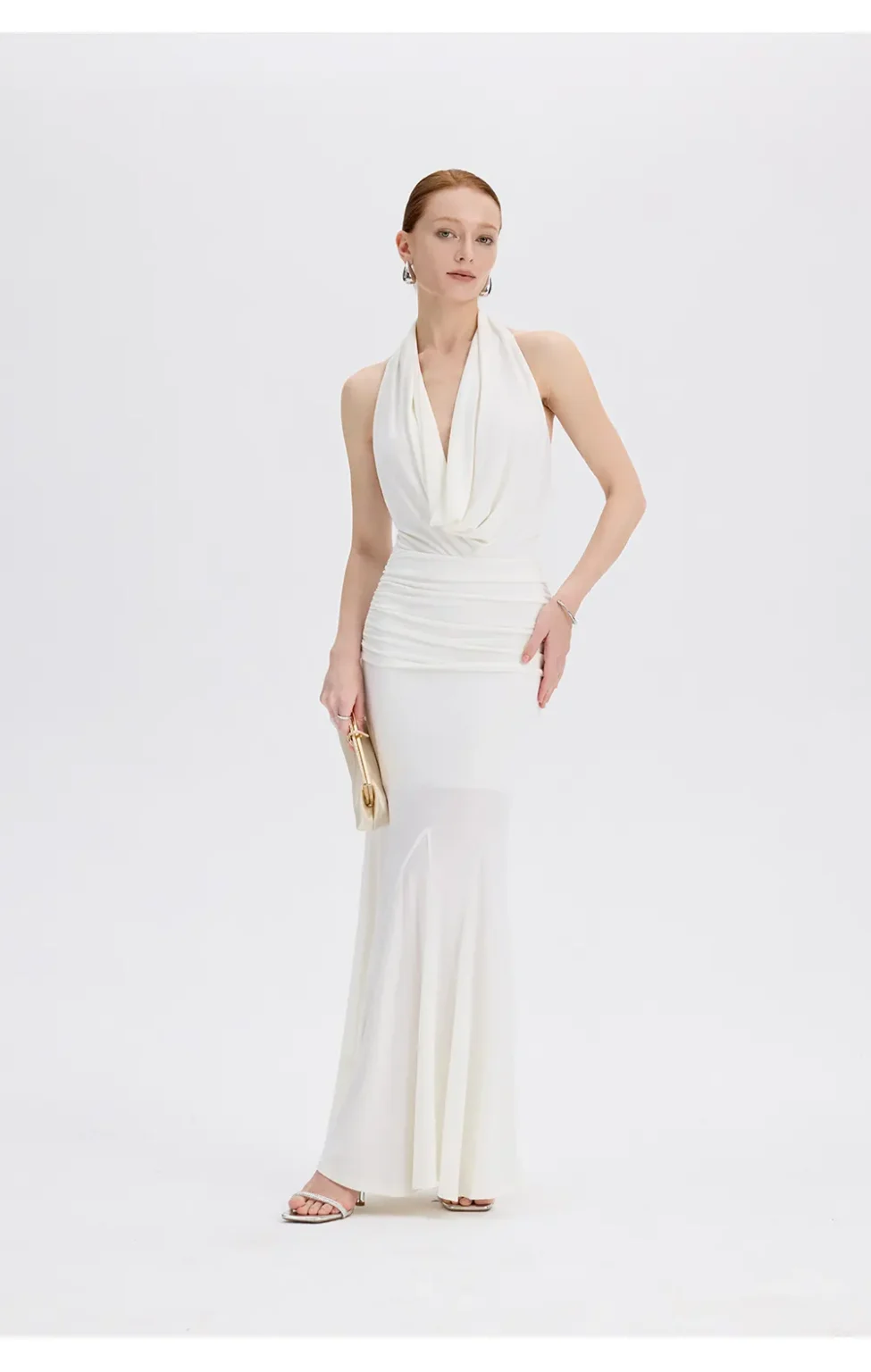 ousph white cowl neck halter mermaid maxi dress front view