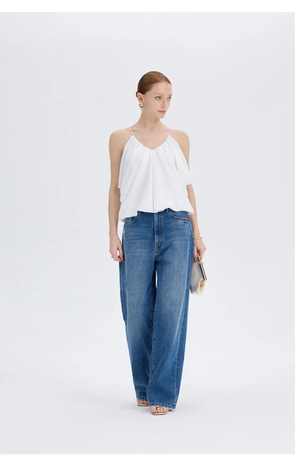 ousph white gathered v-neck spaghetti strap camisole top walking view