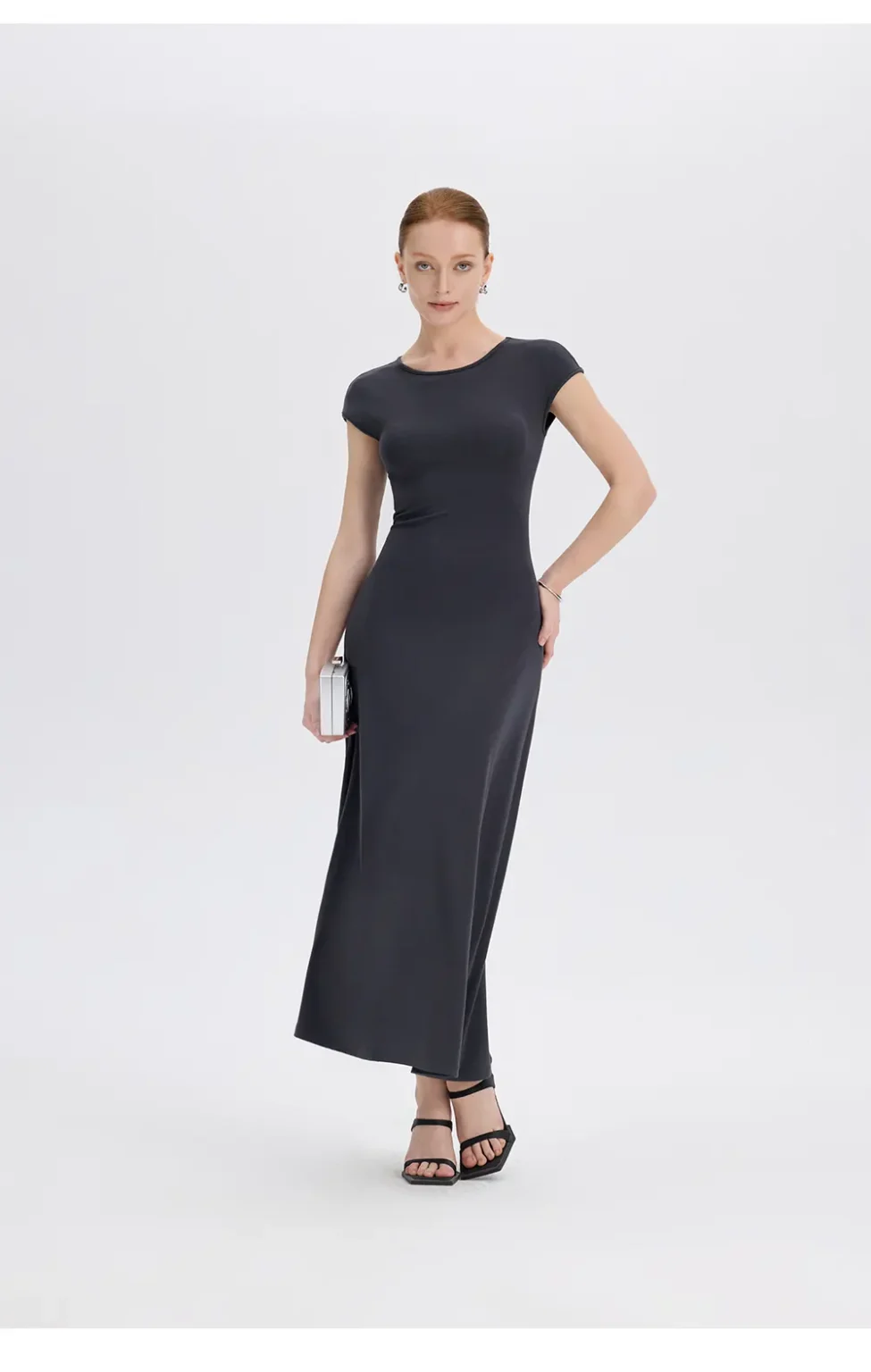 ousph dark grey cap sleeve crew neck waisted maxi dress front view