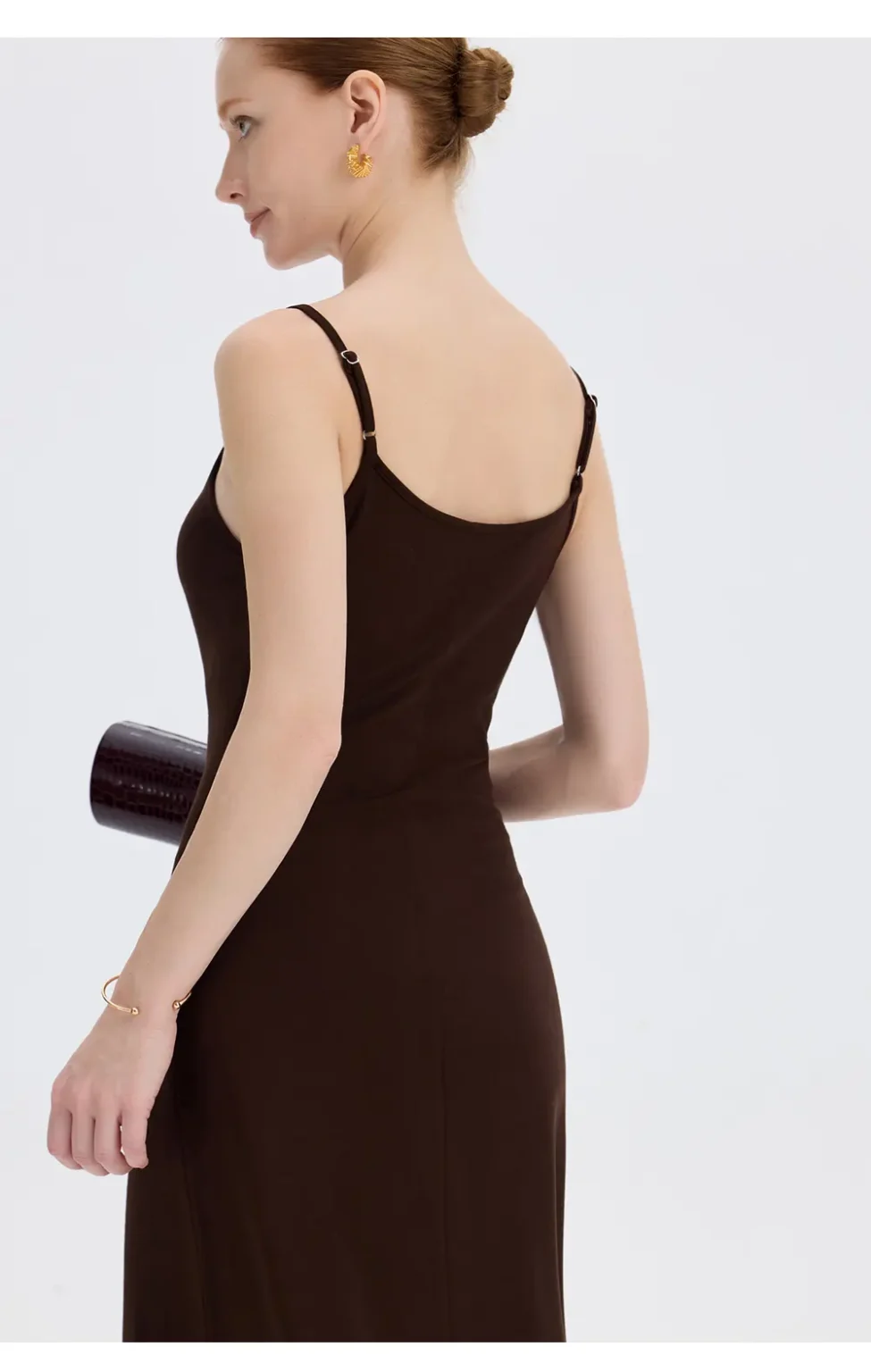 ousph dark brown spaghetti strap scoop neck maxi dress front view
