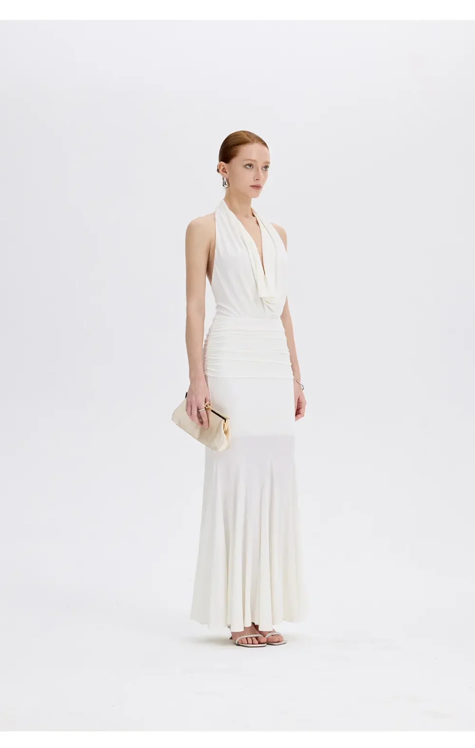 ousph white cowl neck halter mermaid maxi dress front view