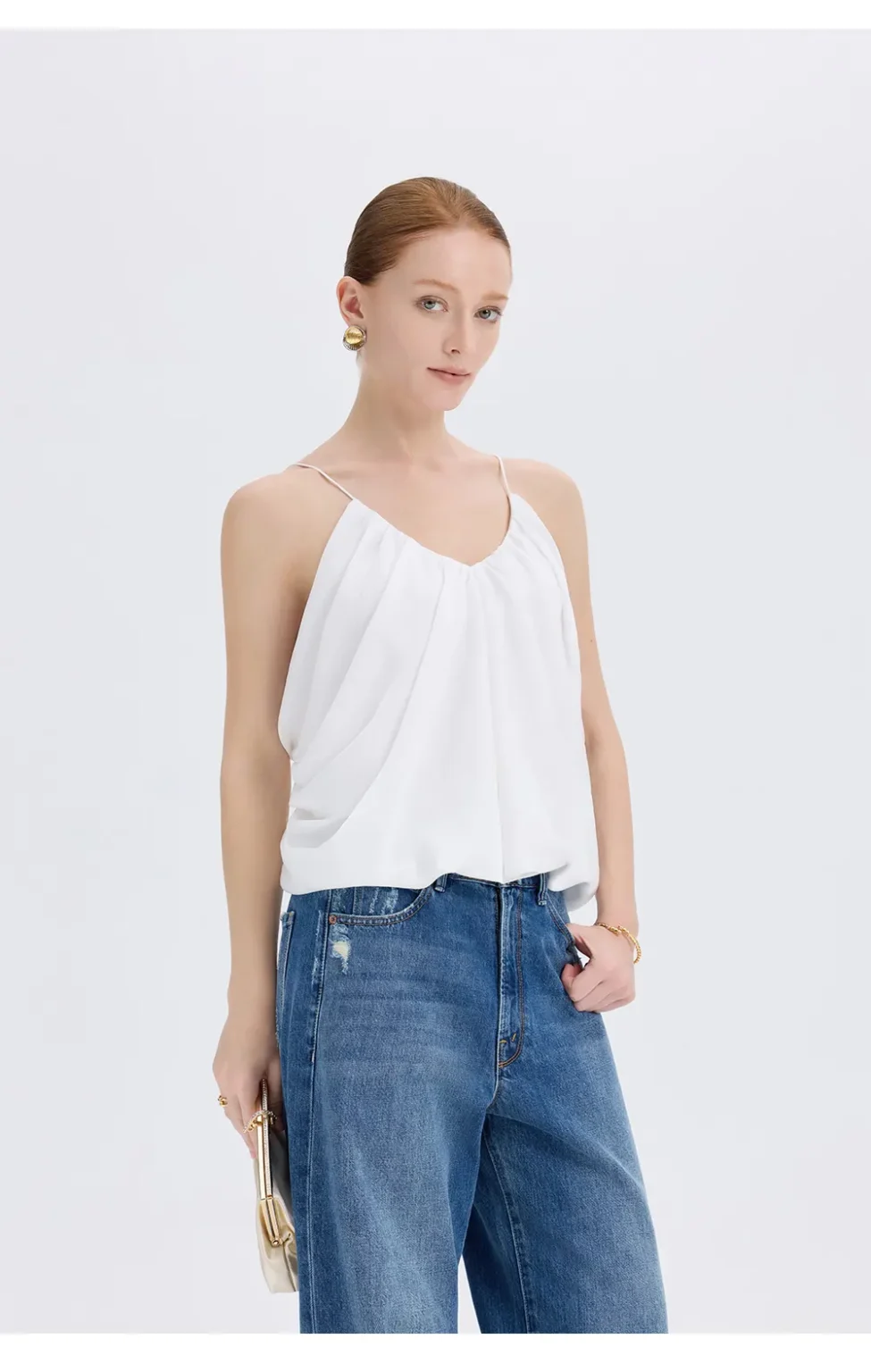 ousph white gathered v-neck spaghetti strap camisole top side view