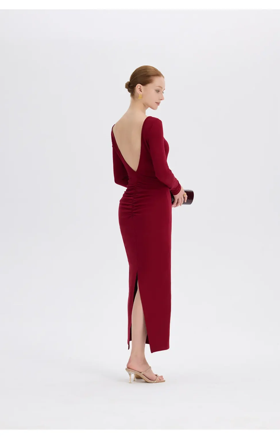 ousph burgundy long sleeve boat neck maxi dress back view