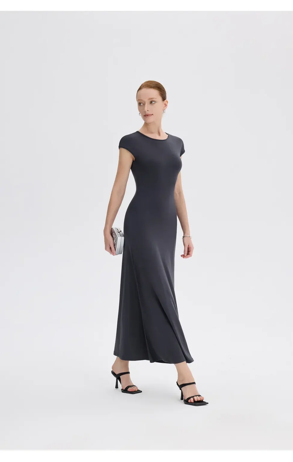 ousph dark grey cap sleeve crew neck maxi dress side view