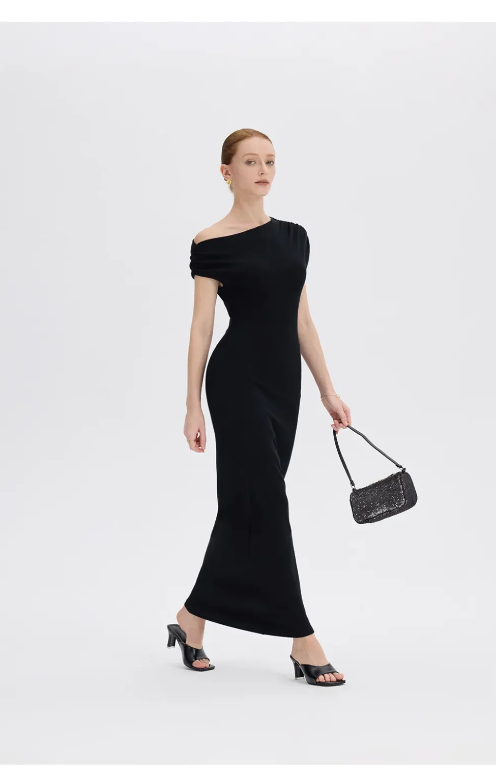 ousph black asymmetrical off-the-shoulder maxi dress walking view