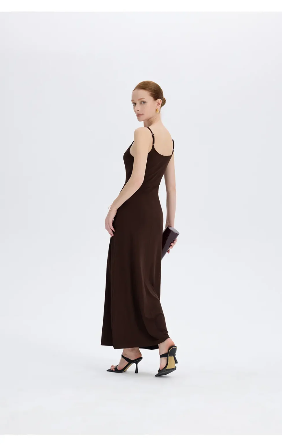 ousph dark brown spaghetti strap scoop neck maxi dress front view