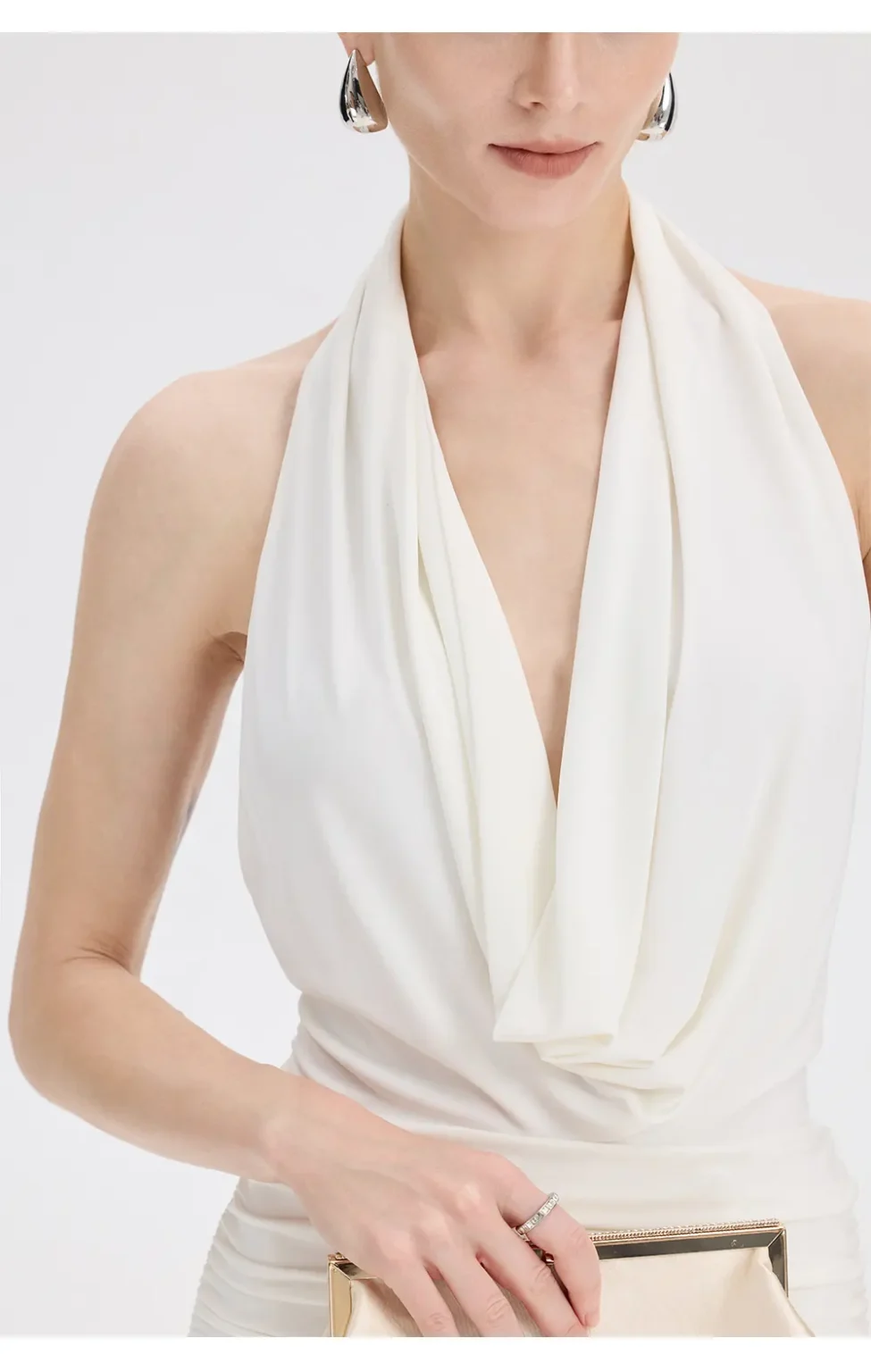 ousph white cowl neck halter maxi dress front close-up