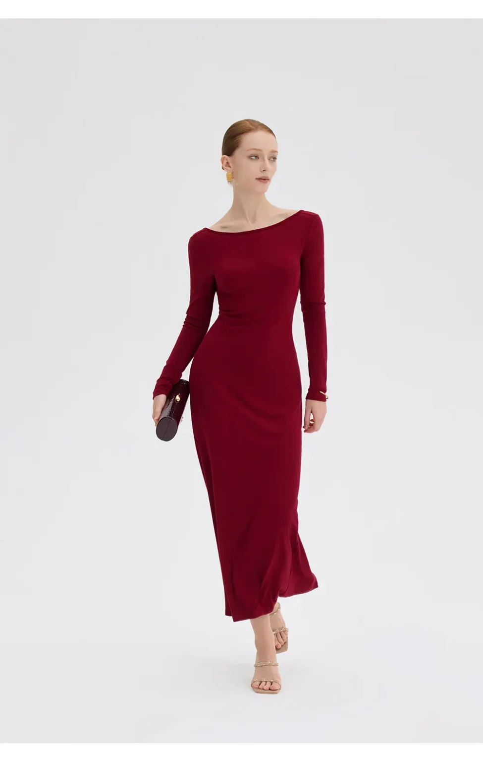 ousph burgundy maxi dress walking view