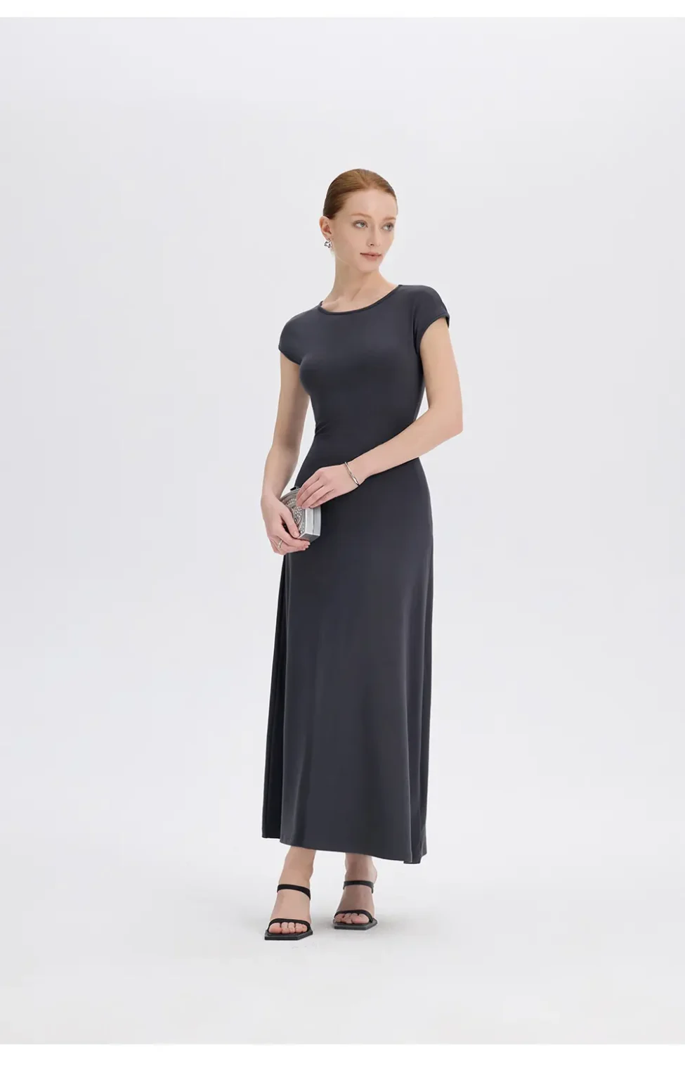 ousph dark grey cap sleeve crew neck waisted maxi dress front view
