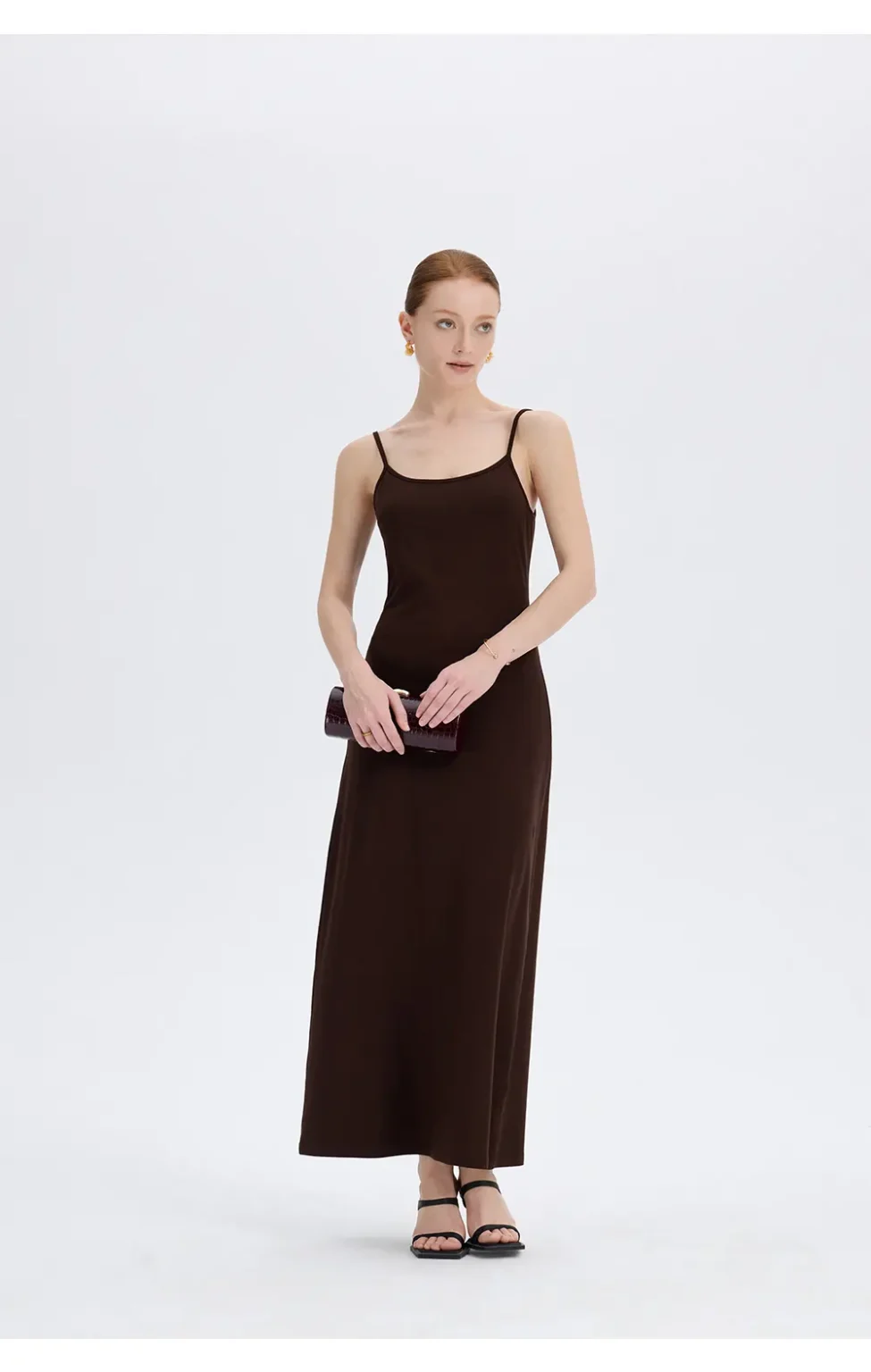 ousph dark brown spaghetti strap scoop neck maxi dress front view