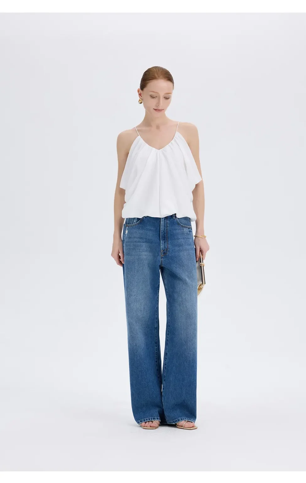 ousph white gathered v-neck spaghetti strap camisole top front view
