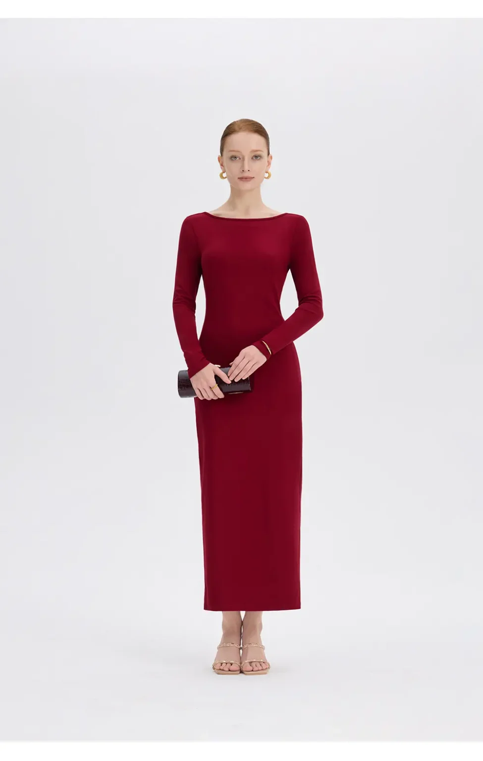 ousph burgundy long sleeve boat neck maxi dress front view