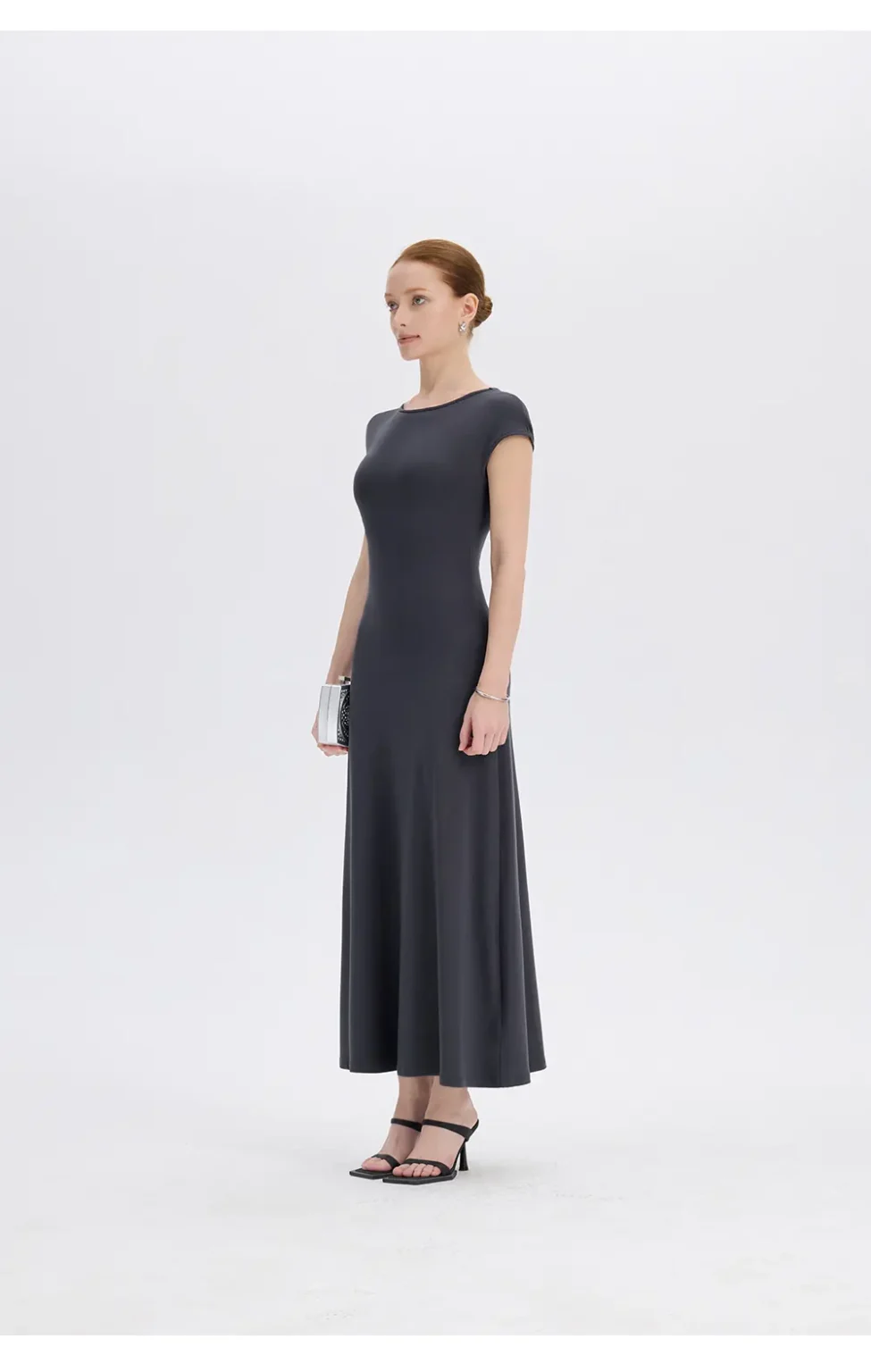 ousph dark grey cap sleeve crew neck maxi dress side view
