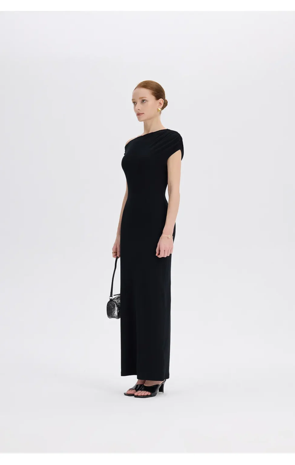 ousph black asymmetrical off-the-shoulder maxi dress side view