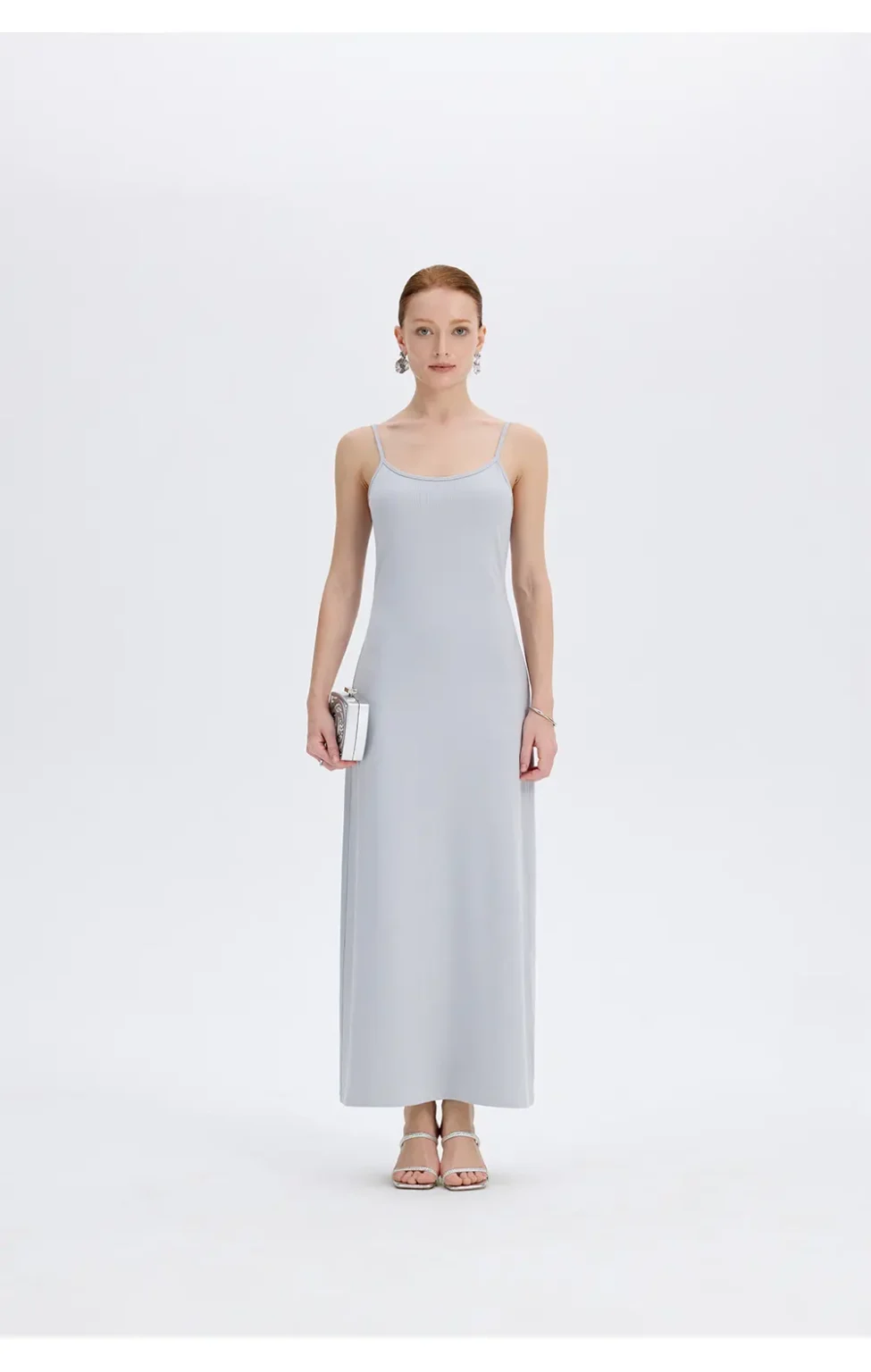ousph powder blue spaghetti strap scoop neck maxi dress walking view