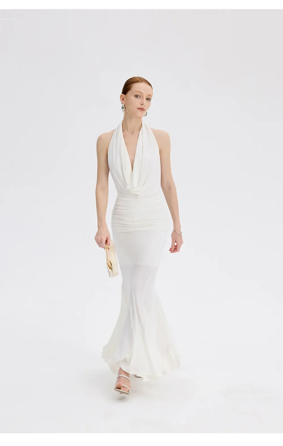 ousph white cowl neck halter mermaid maxi dress walking view