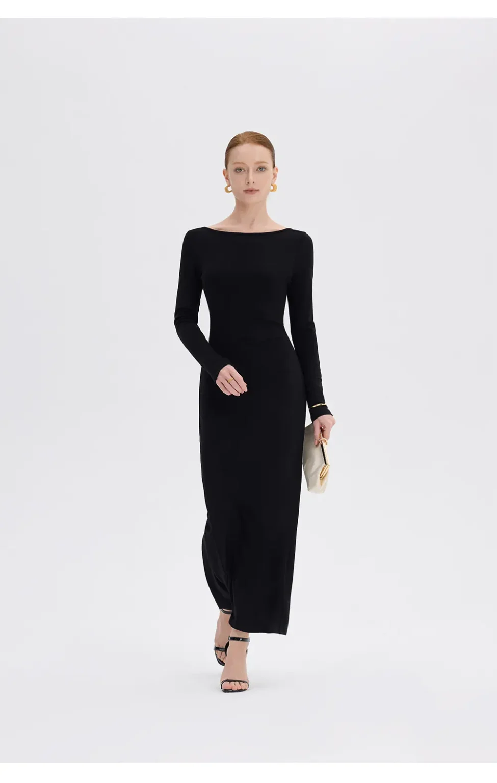 ousph black long sleeve boat neck maxi dress walking view