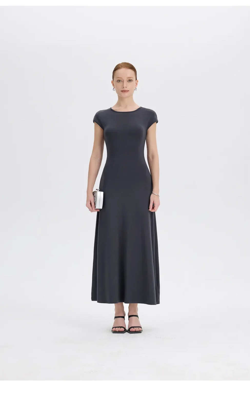 ousph dark grey cap sleeve crew neck waisted maxi dress front view