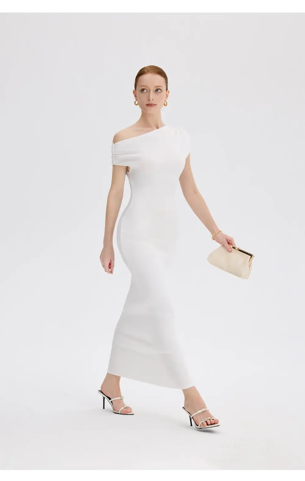 ousph white asymmetrical off-the-shoulder maxi dress front view