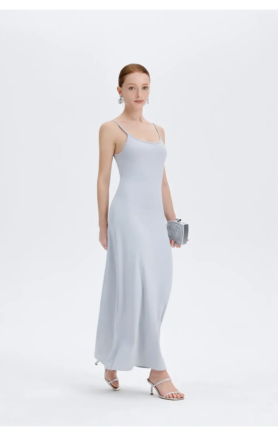 ousph powder blue spaghetti strap scoop neck maxi dress back view