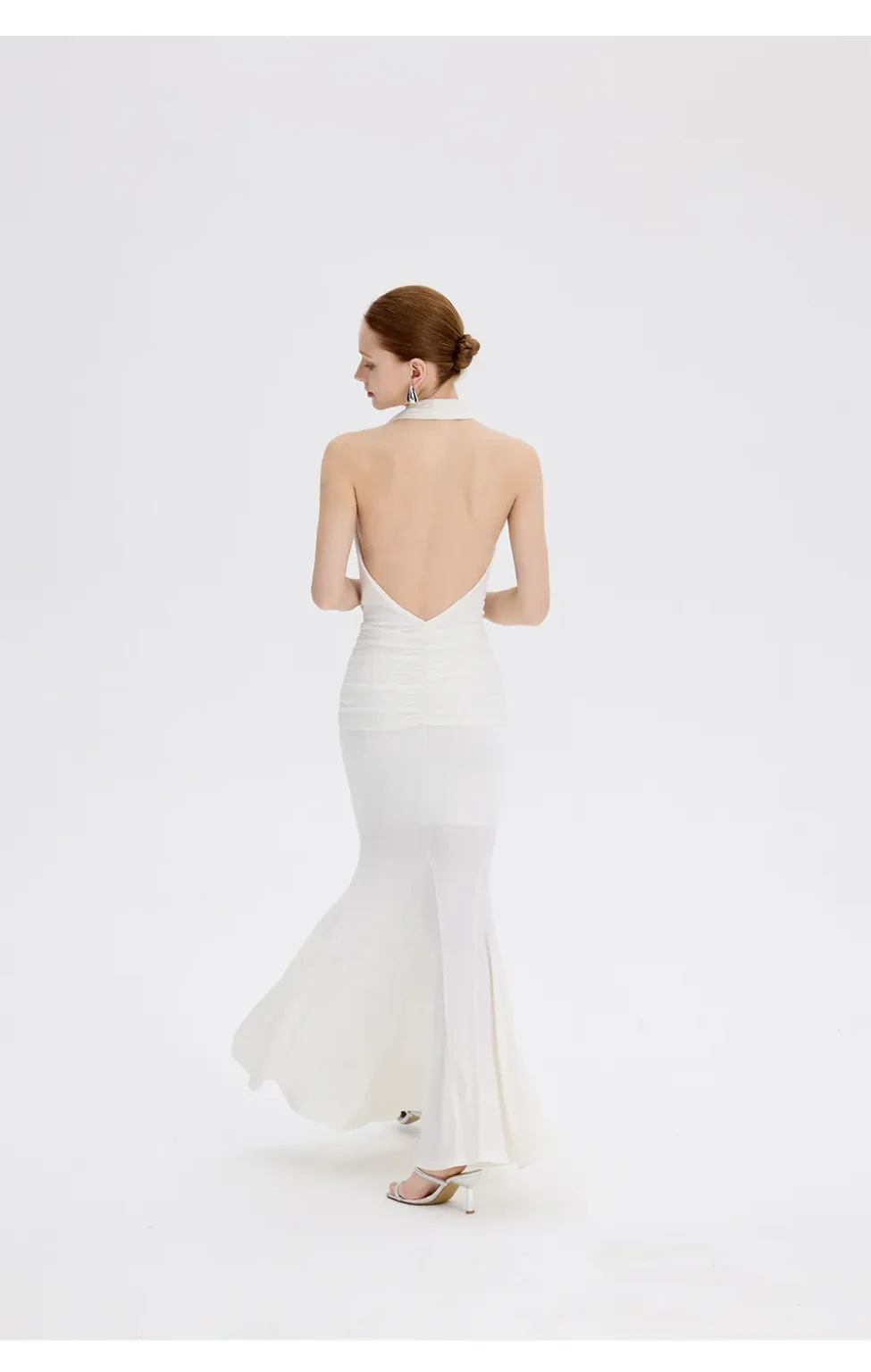 ousph white cowl neck halter mermaid maxi dress back view