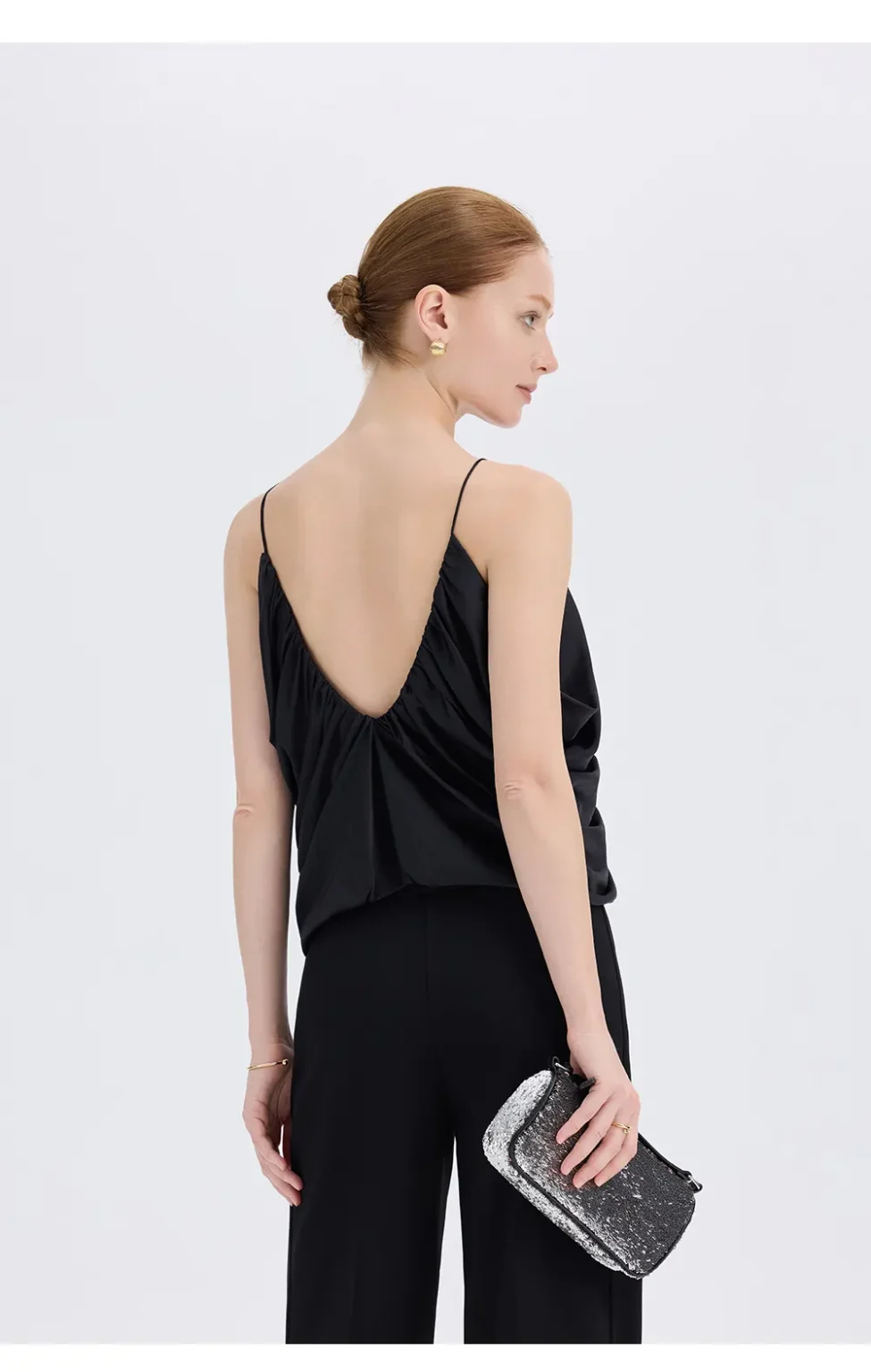ousph black gathered v-neck spaghetti strap camisole top back view