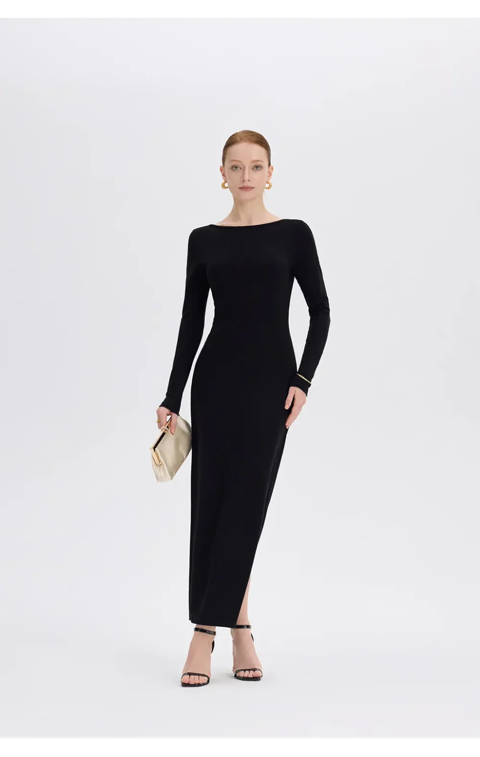 ousph black long sleeve boat neck maxi dress front view