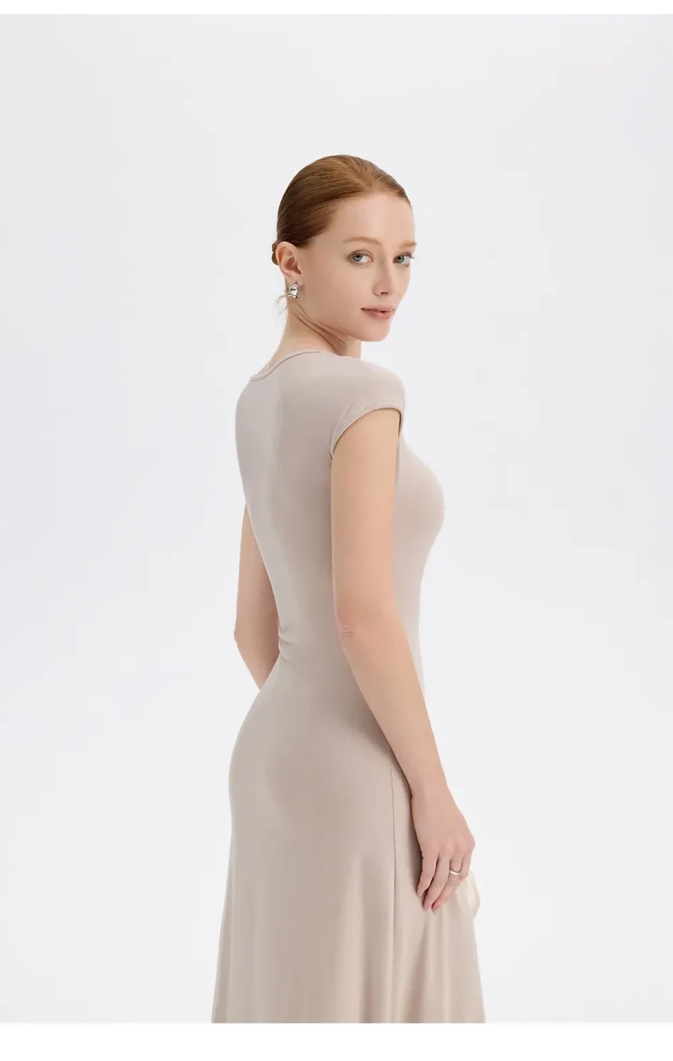 ousph beige cap sleeve crew neck maxi dress side view