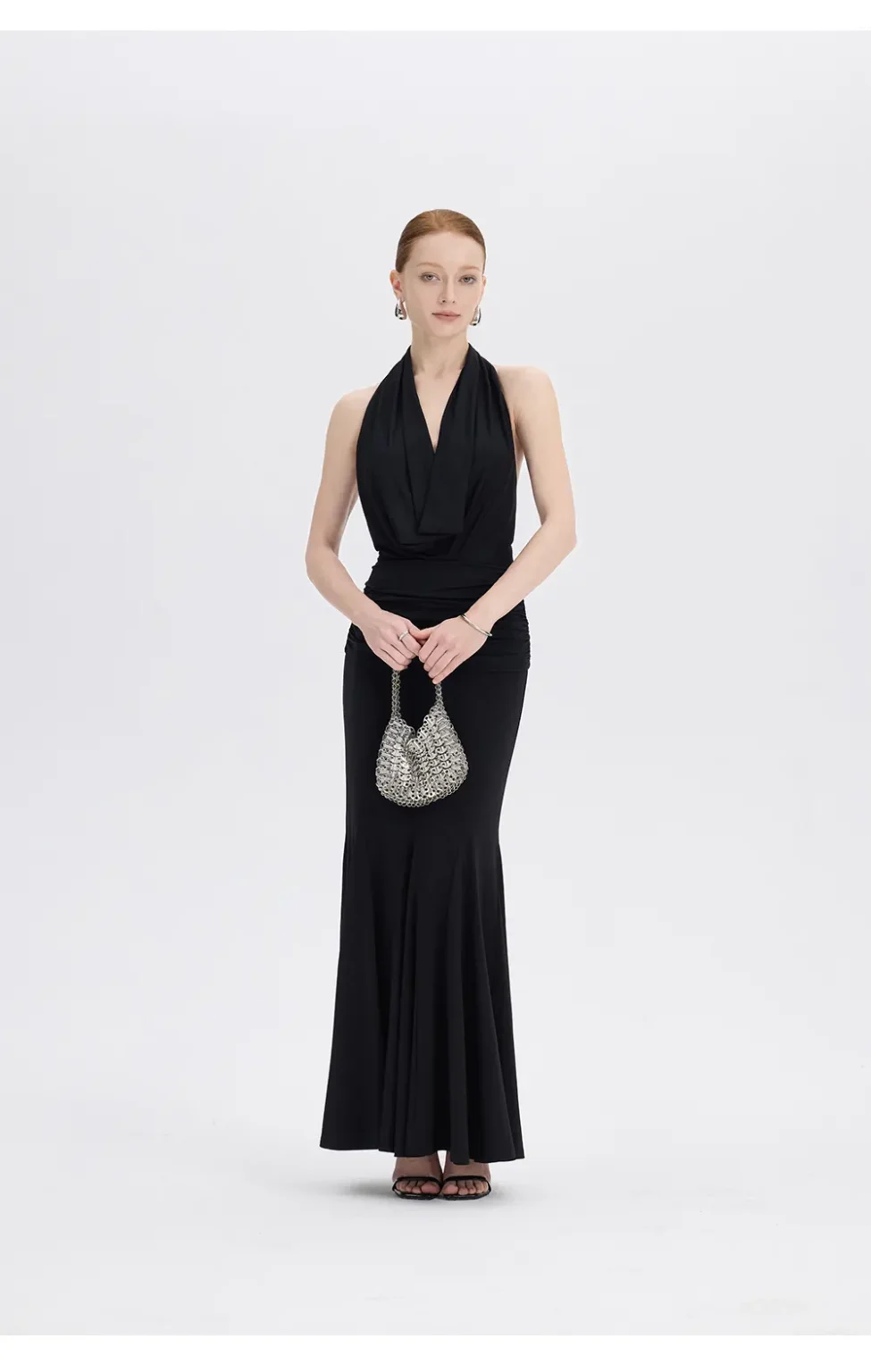 ousph black cowl neck halter mermaid maxi dress front view