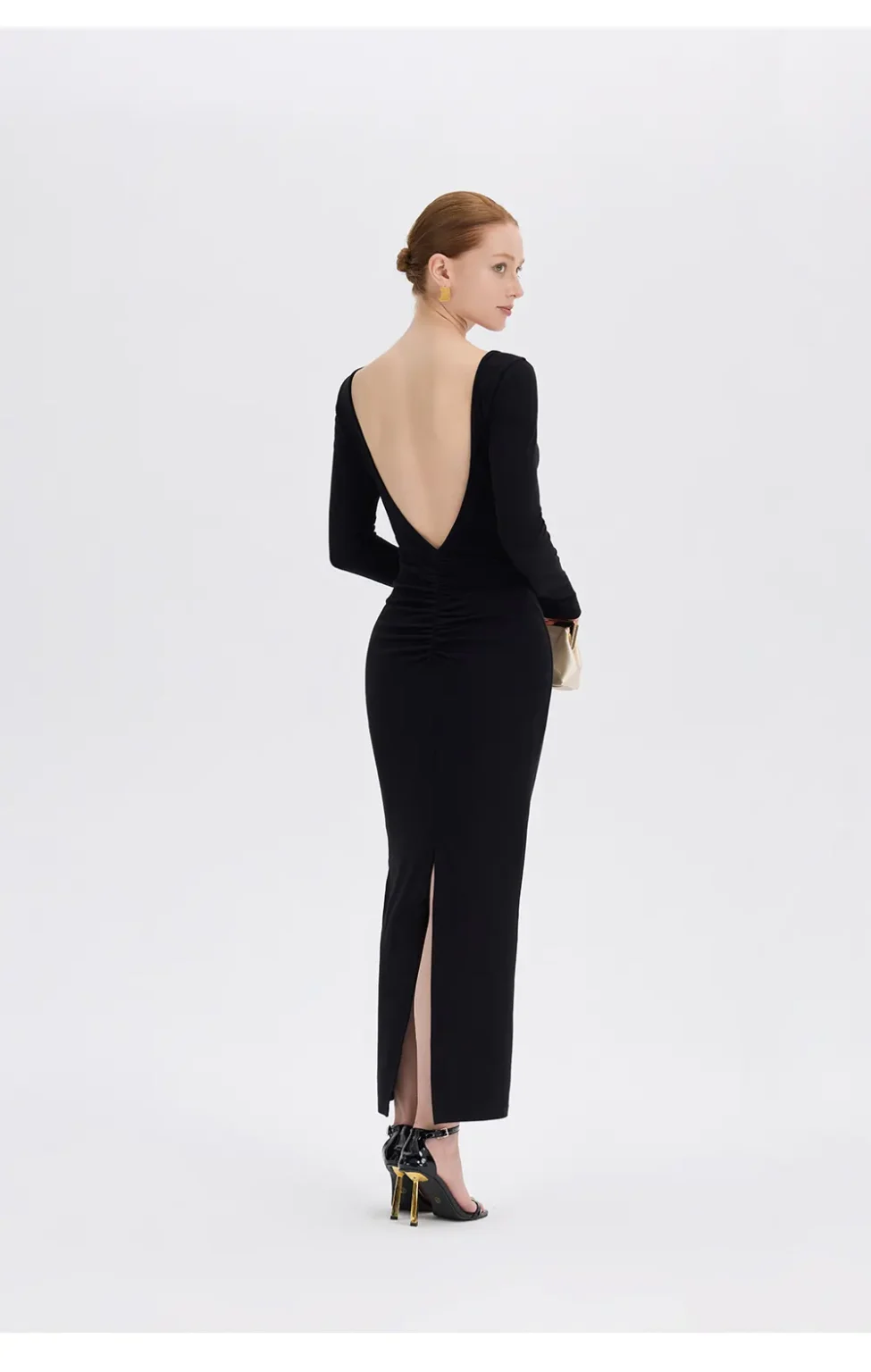 ousph black long sleeve boat neck maxi dress back view