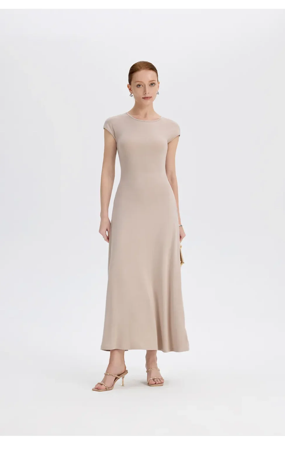 ousph beige cap sleeve crew neck waisted maxi dress front view
