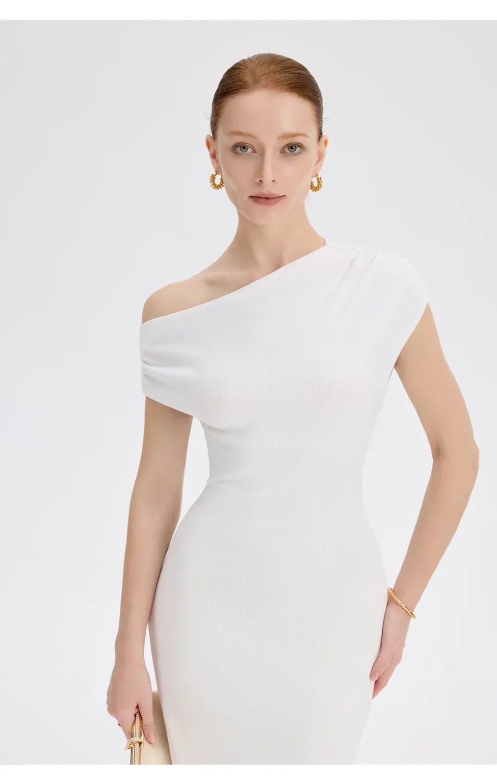 ousph white asymmetrical off-the-shoulder maxi dress front close-up