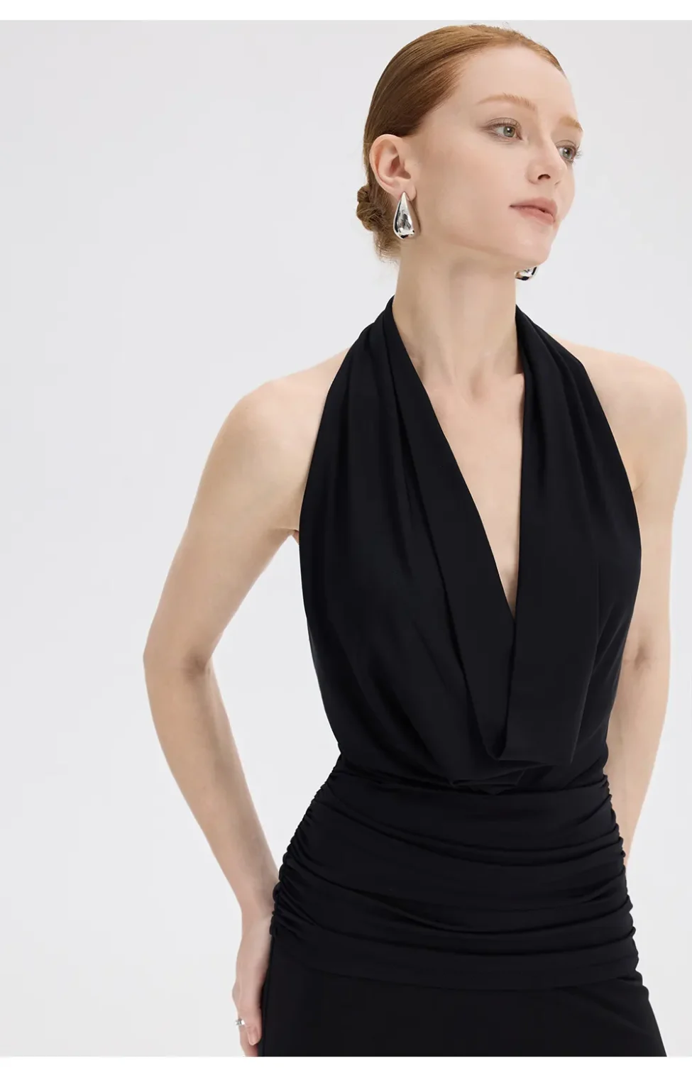 ousph black cowl neck halter mermaid maxi dress side view