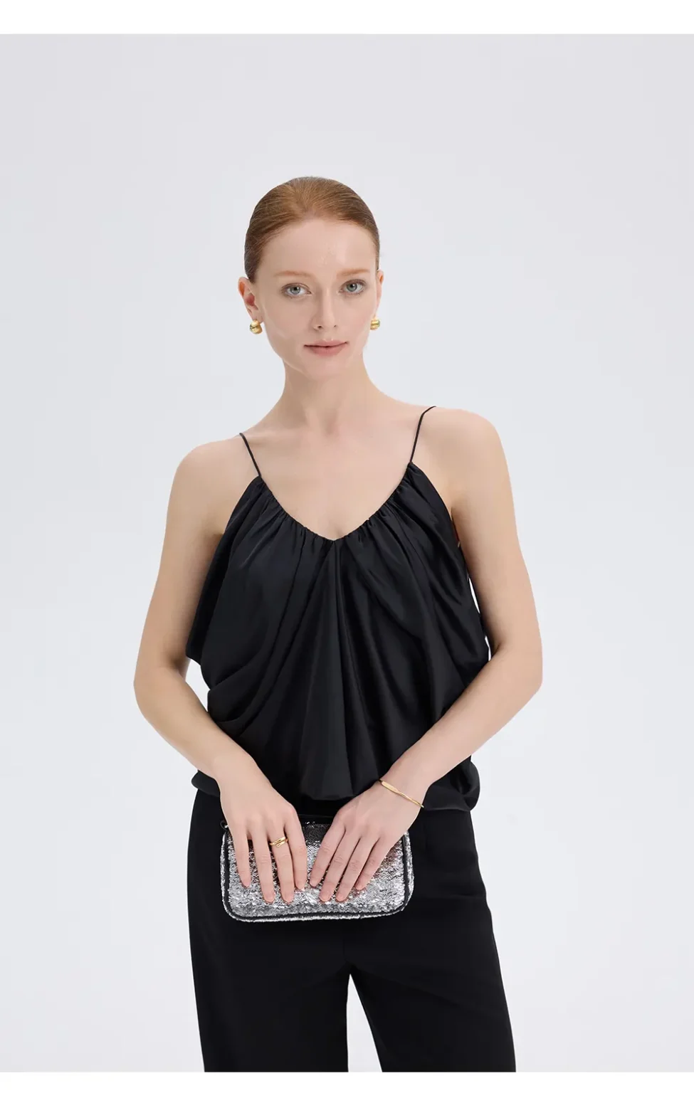 ousph black gathered v-neck spaghetti strap camisole top front view