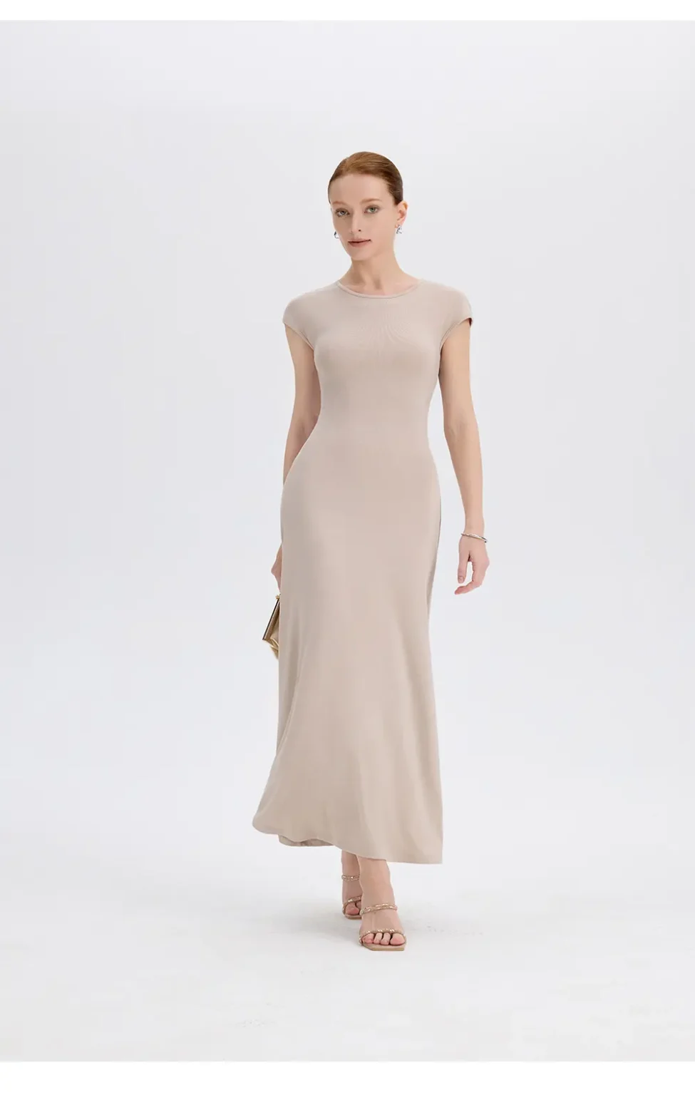 ousph beige cap sleeve crew neck maxi dress walking view