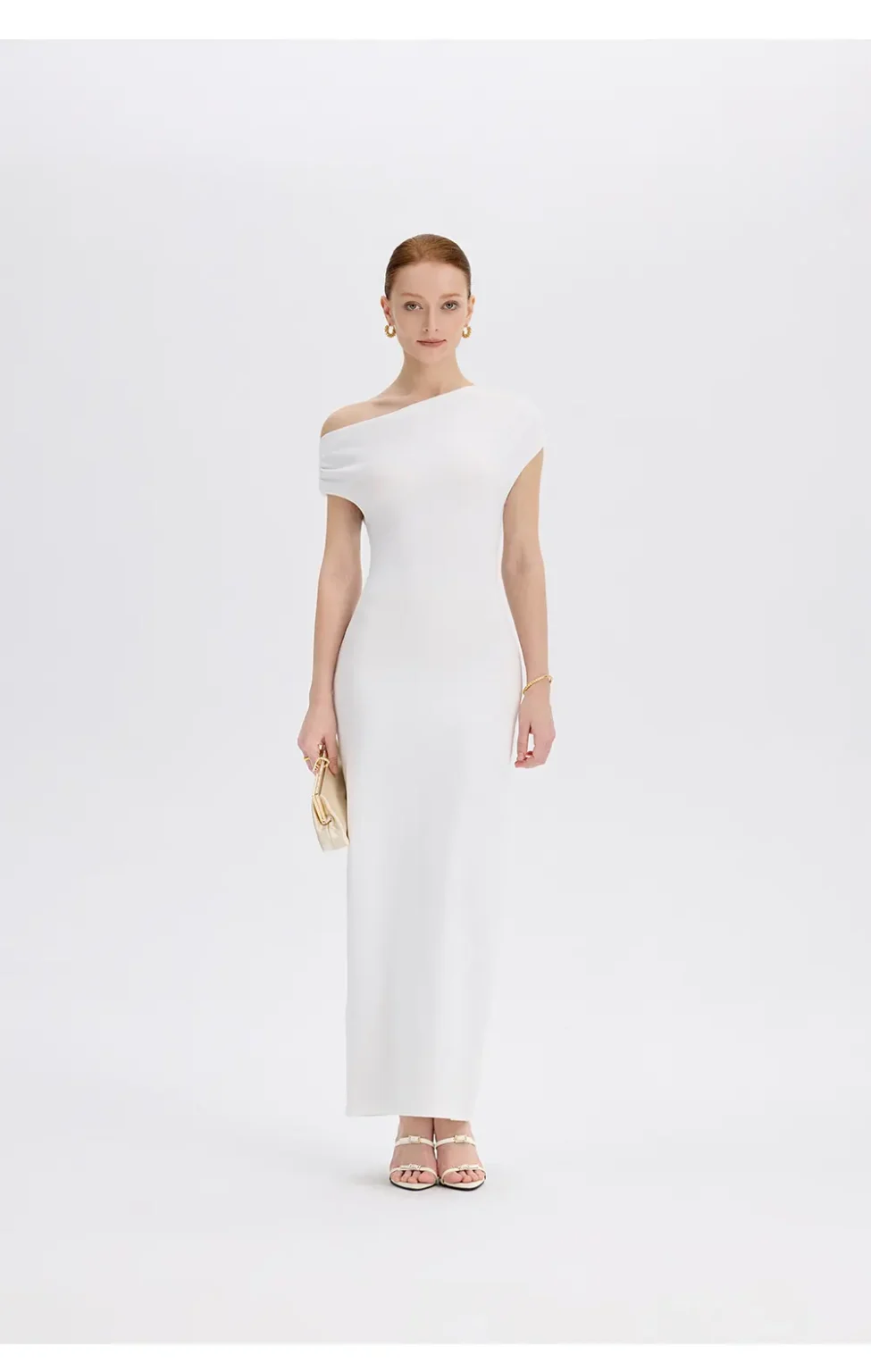 ousph white asymmetrical off-the-shoulder maxi dress front view